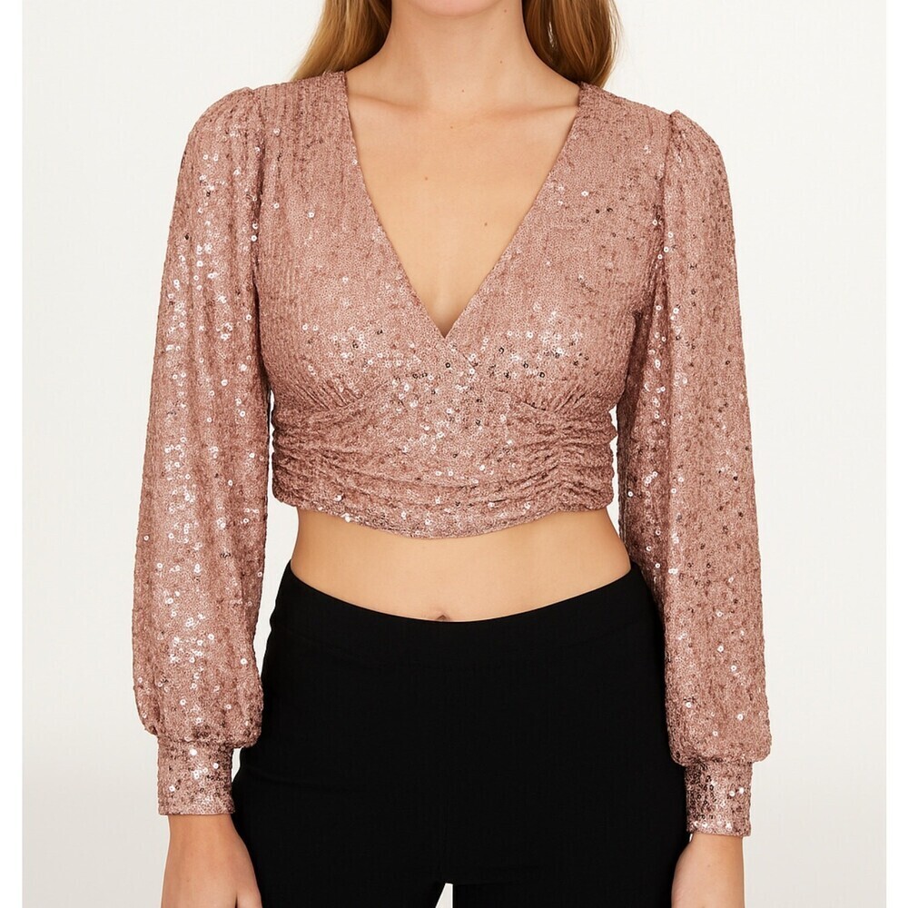 Sincerely Jules Sequin of Events Blush Sequin Surplice Long Sleeve Crop Top SZ S